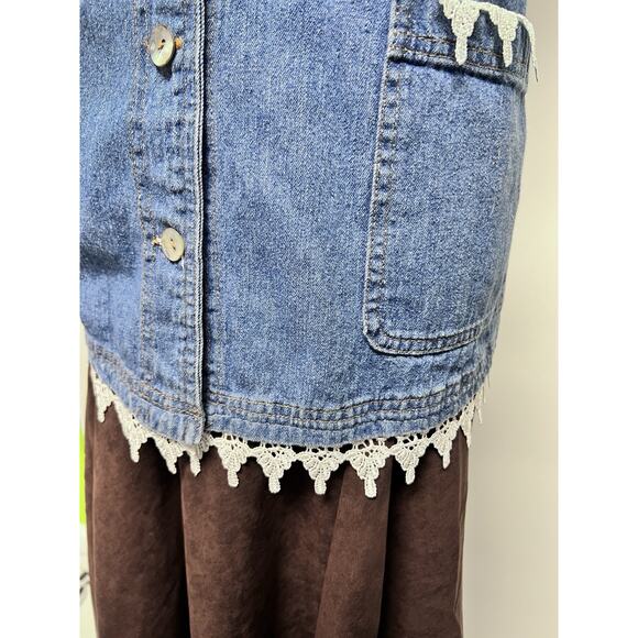 Vintage Denim Vest Womens 2X Lace Trim 90s Oversized Whimsigoth Boho Hippie Jean - Picture 4 of 13